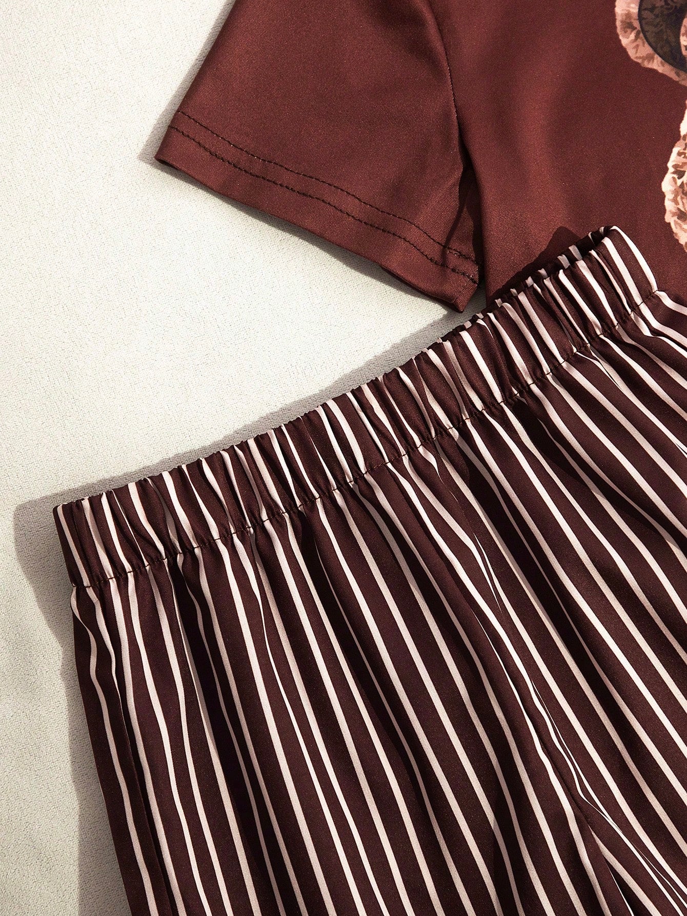 2pcs Girls Teddy Bear Graphic Tee & Striped Wide-Leg Pants Set - Ox...