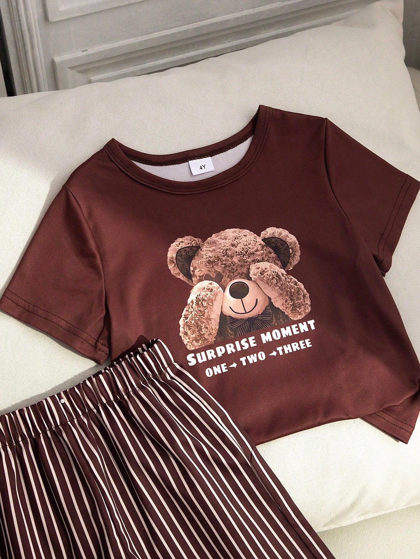 2pcs Girls Teddy Bear Graphic Tee & Striped Wide-Leg Pants Set - Ox...