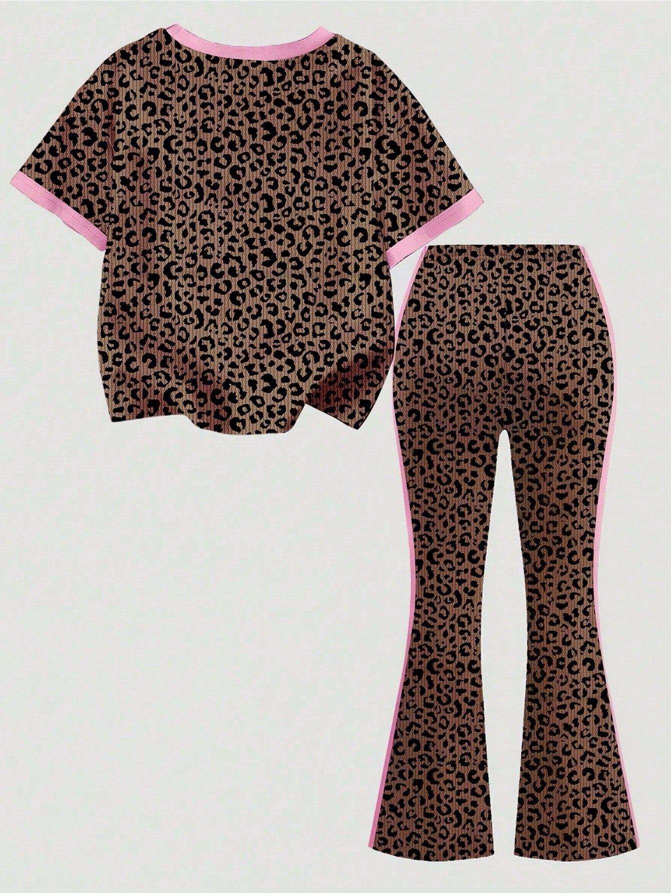 2pcs Little Girls Leopard Print Bow Tee & Flare Pants Set - Latte |...