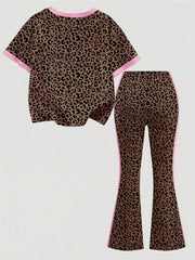 2pcs Little Girls Leopard Print Bow Tee & Flare Pants Set - Latte |...