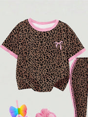 2pcs Little Girls Leopard Print Bow Tee & Flare Pants Set - Latte |...