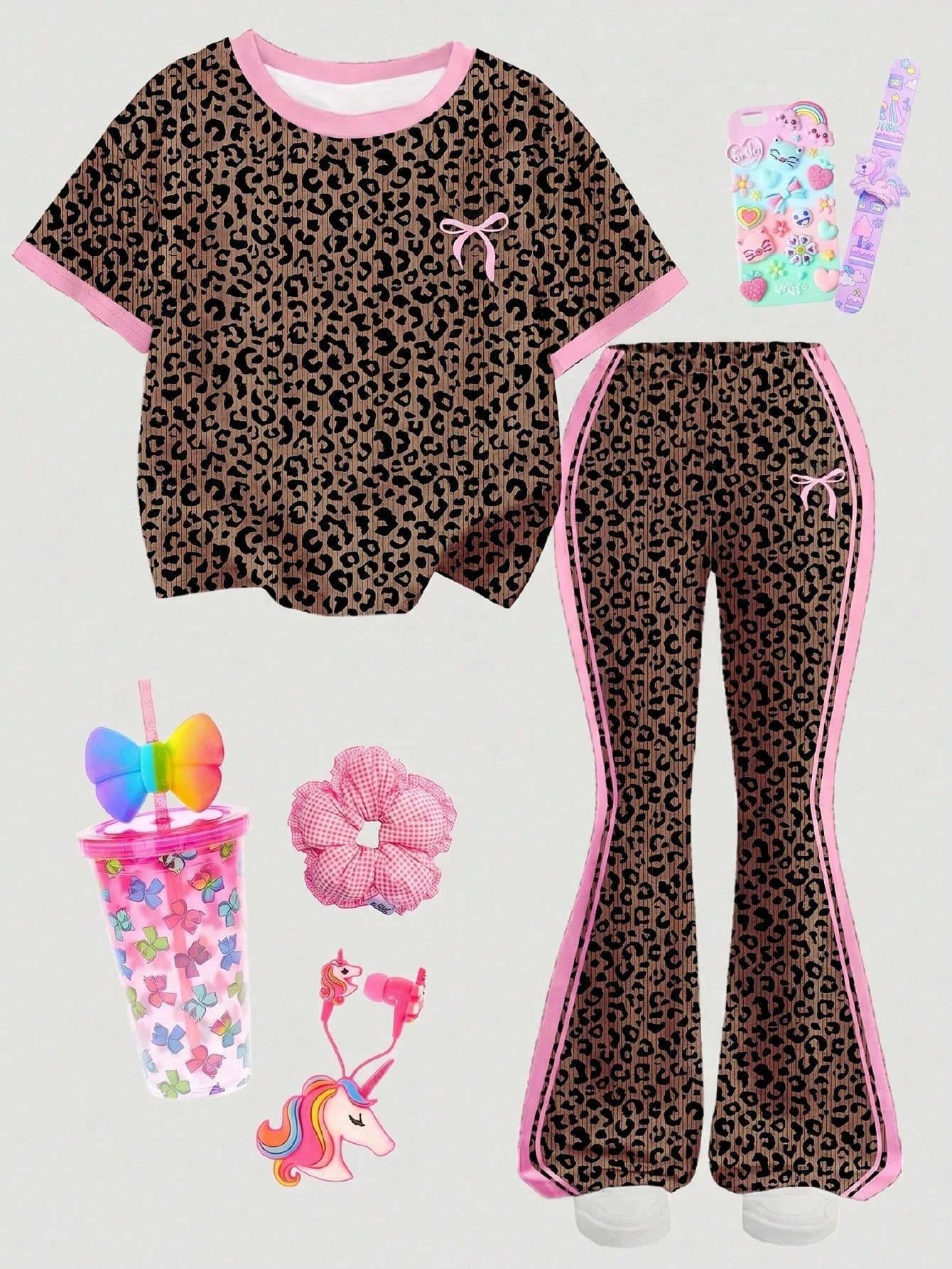 2pcs Little Girls Leopard Print Bow Tee & Flare Pants Set - Latte |...