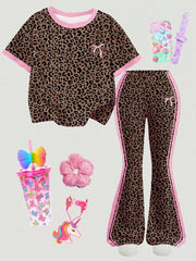 2pcs Little Girls Leopard Print Bow Tee & Flare Pants Set - Latte |...