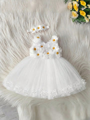 2pcs Girls Daisy Appliqué Tulle Dress & Headband Set - Ivory | 21 C...