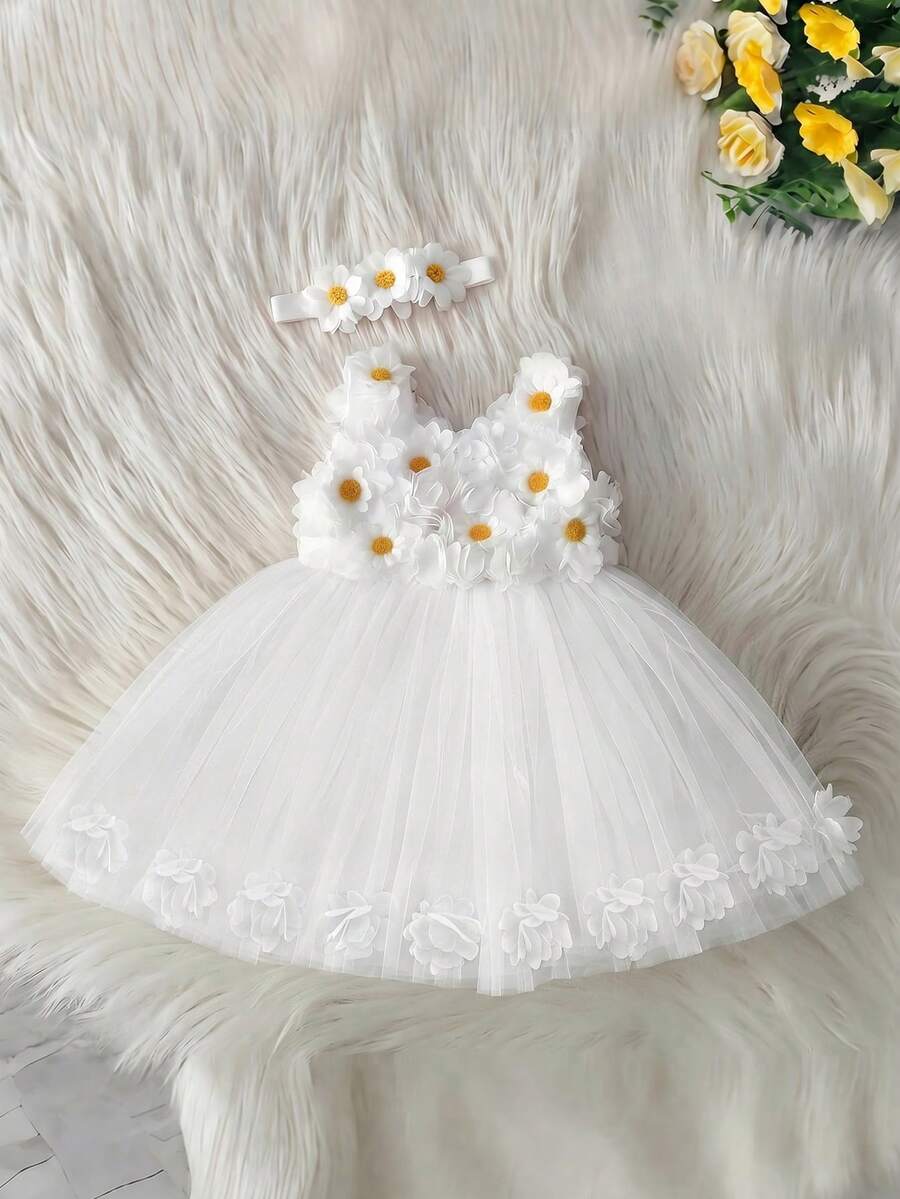 2pcs Girls Daisy Appliqué Tulle Dress & Headband Set - Ivory | 21 C...