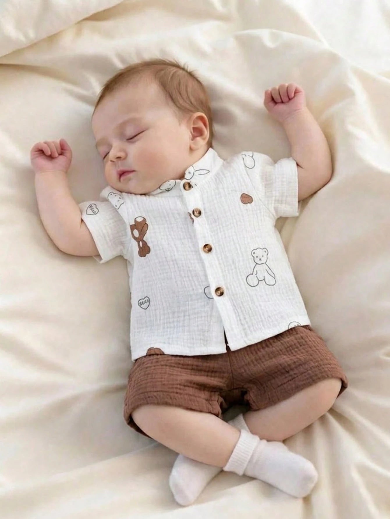 2pcs Baby Boys Bear Print Muslin Shirt & Shorts Set - Ivory | 21 Ce...