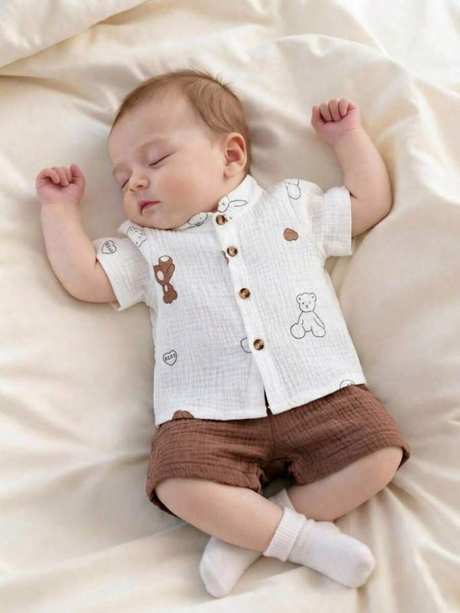 2pcs Baby Boys Bear Print Muslin Shirt & Shorts Set - Ivory | 21 Ce...