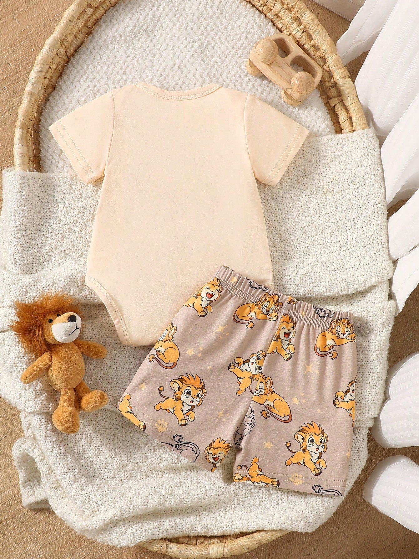 2pcs Baby Boys Lion Print Bodysuit & Shorts Set - Champagne | 21 Ce...