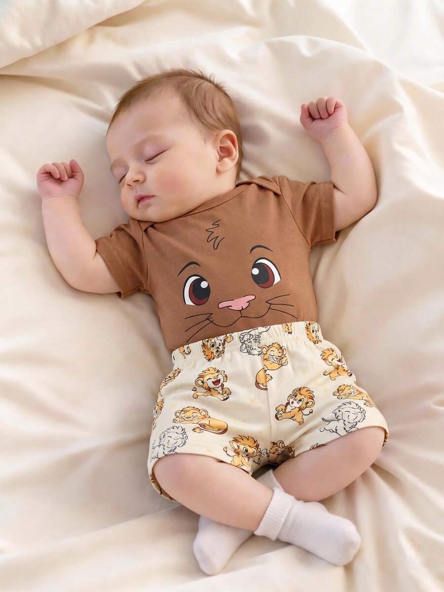 2pcs Baby Boys Lion Face Print Bodysuit & Shorts Set - Wenge | 21 C...