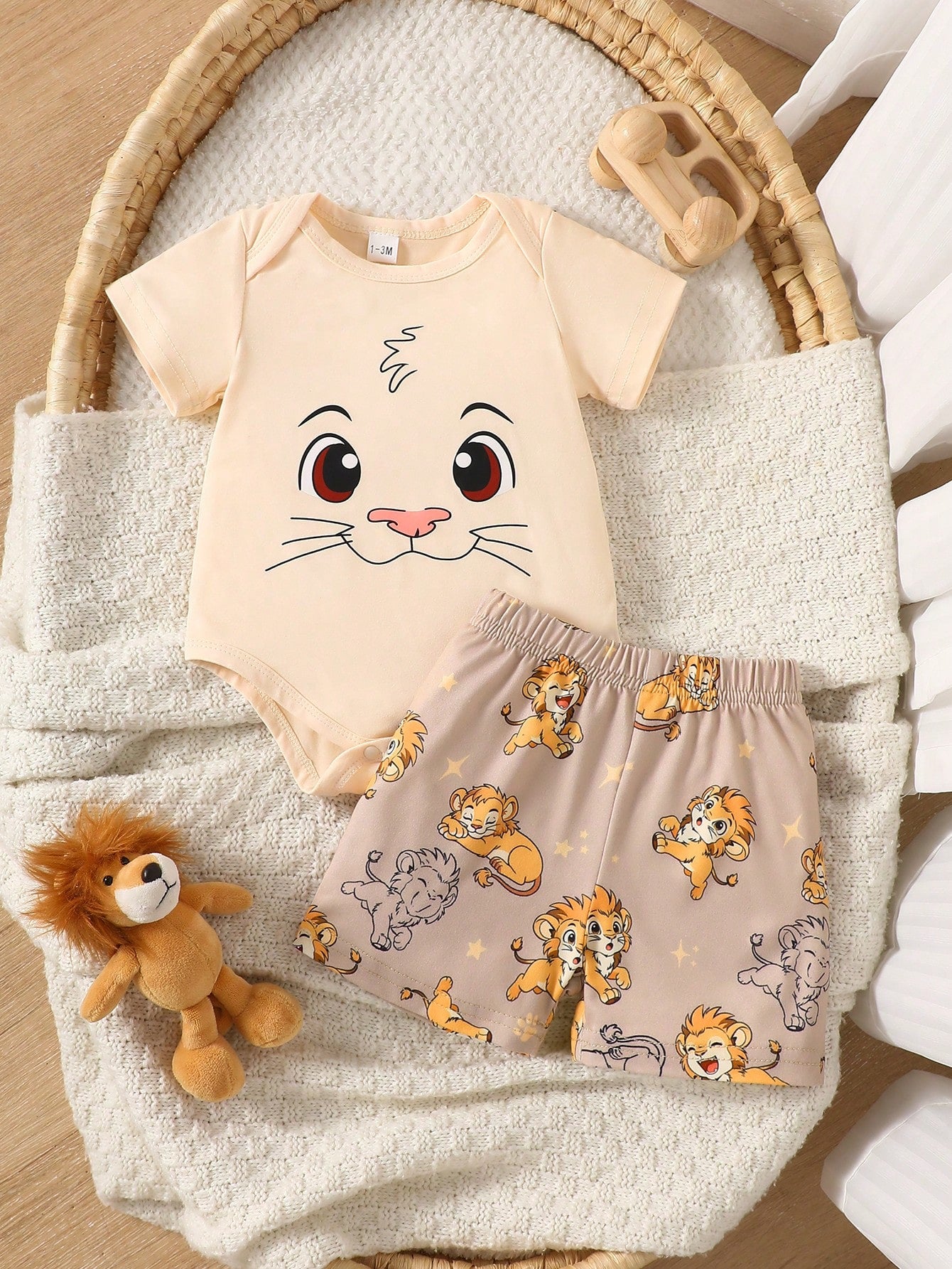 2pcs Baby Boys Lion Print Bodysuit & Shorts Set - Champagne | 21 Ce...