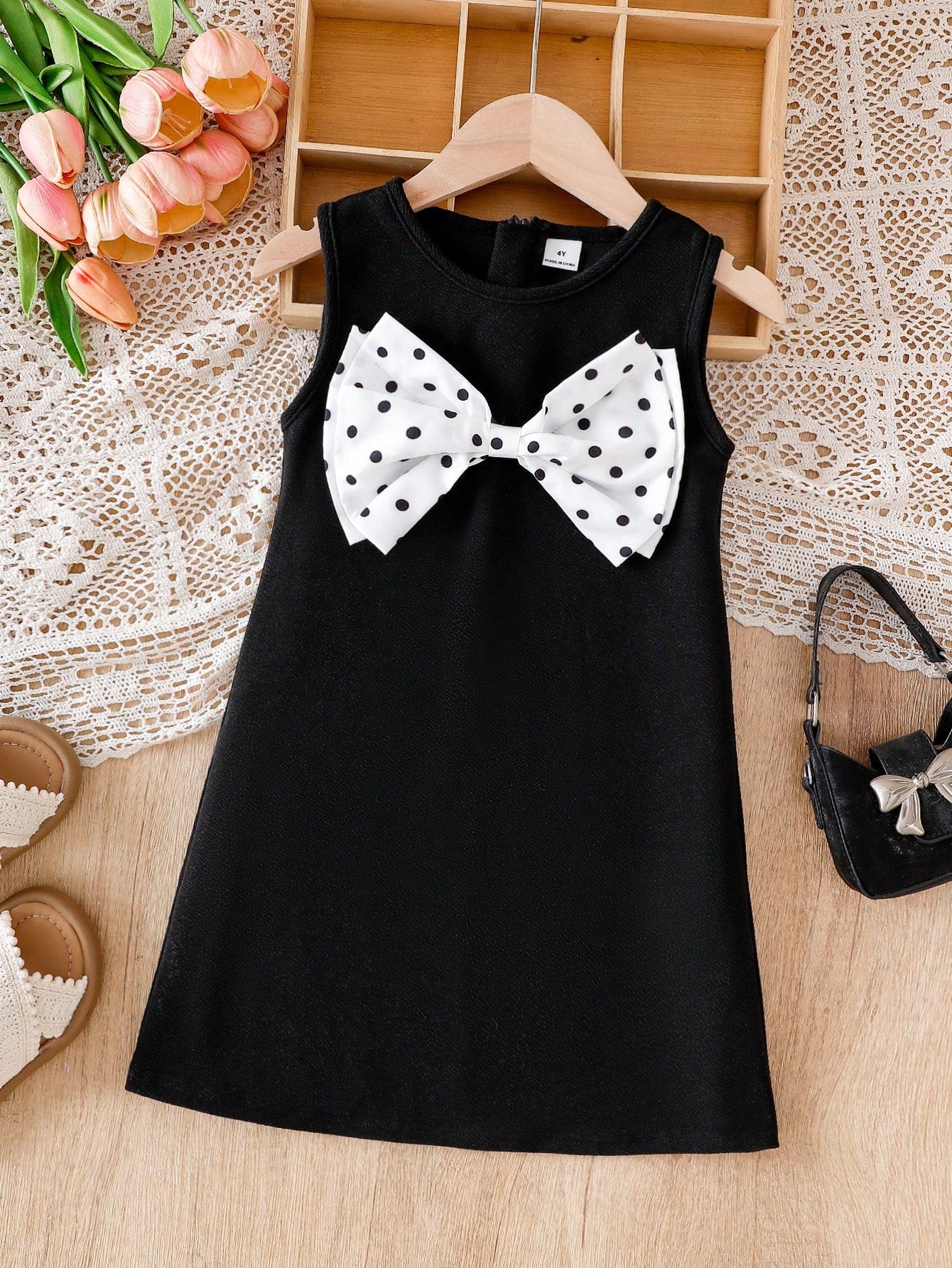 Little Girls Polka Dot Bow-Front A-Line Tank Dress - Onyx | 21 Cent...