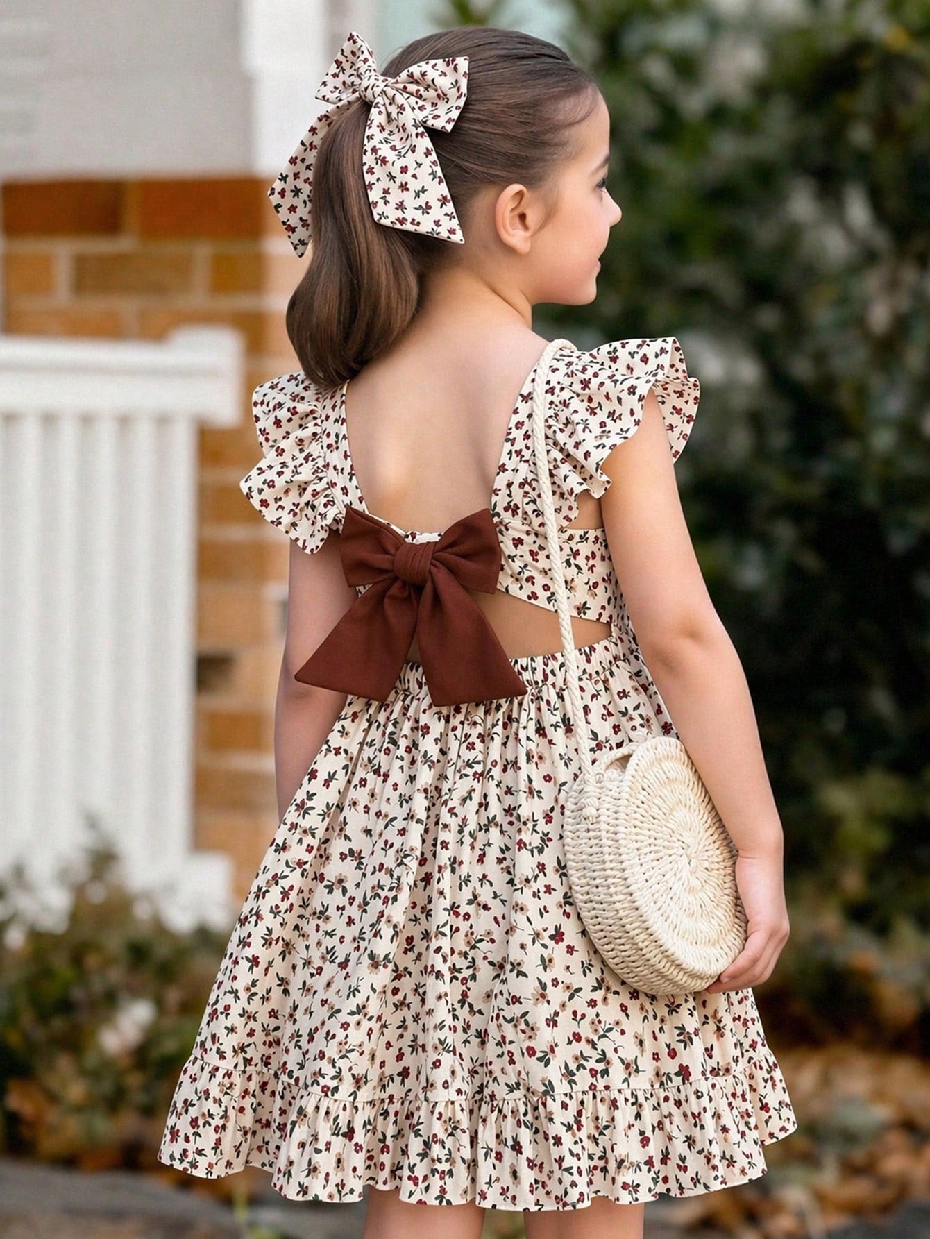 Little Girls Ditsy Floral Ruffle Back-Bow Dress - Ivory | 21 Centur...