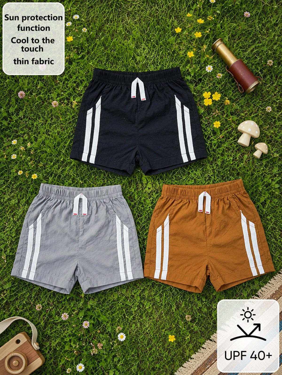 3pcs Boys Side Stripe UPF40+ Sporty Shorts Set - Onyx | 21 Century ...