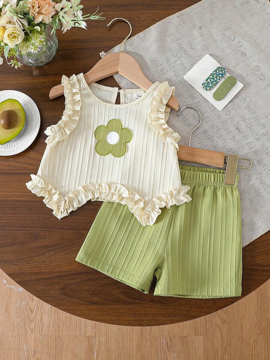 2pcs Girls Flower Appliqué Ruffle Tank Top & Shorts Set - Ivory | 2...