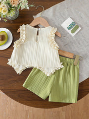 2pcs Girls Flower Appliqué Ruffle Tank Top & Shorts Set - Ivory | 2...