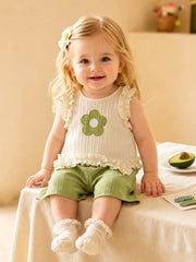 2pcs Girls Flower Appliqué Ruffle Tank Top & Shorts Set - Ivory | 2...