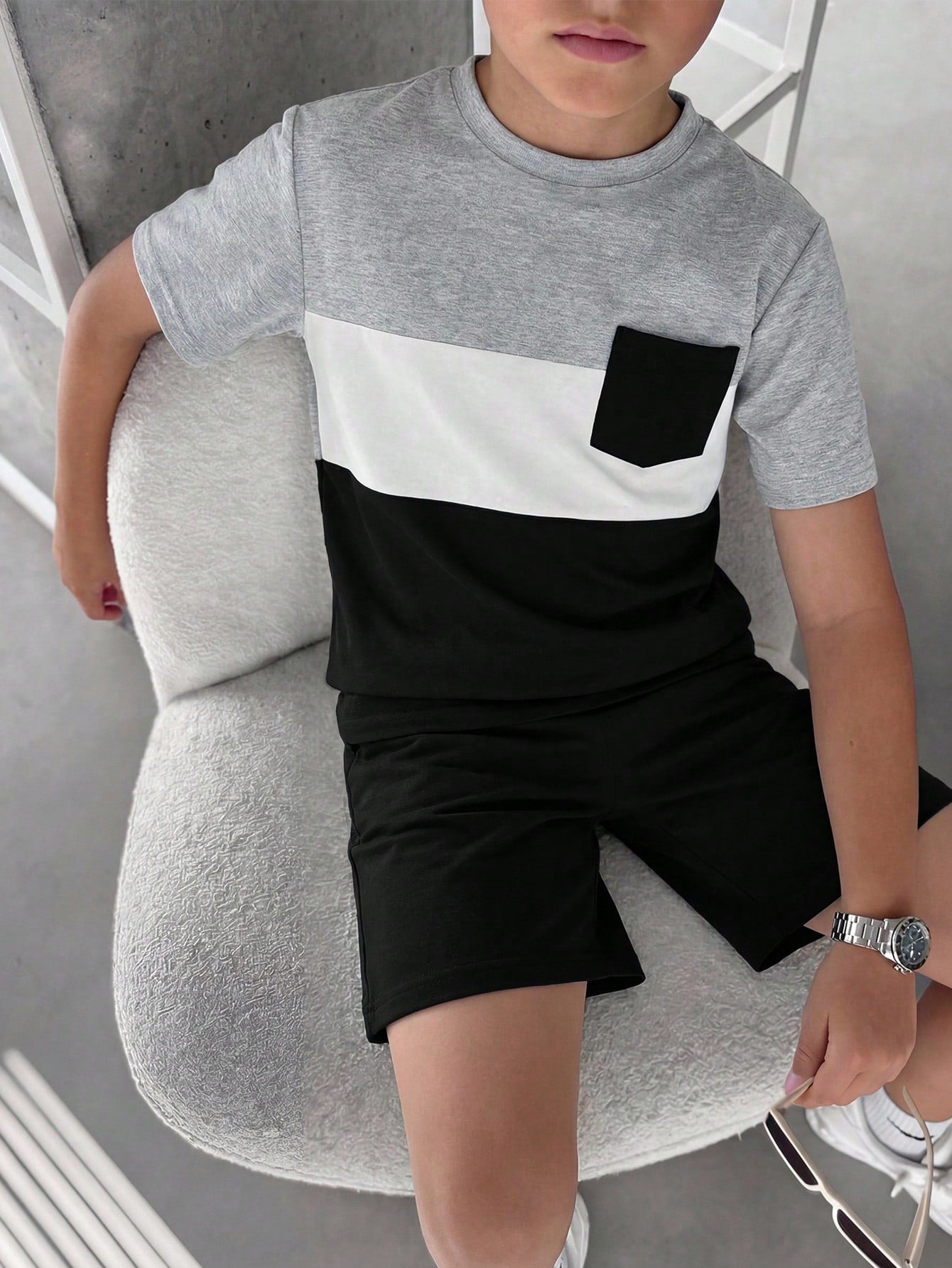 2pcs Big Boys Colourblock Pocket Tee & Shorts Set - Slate | 21 Cent...