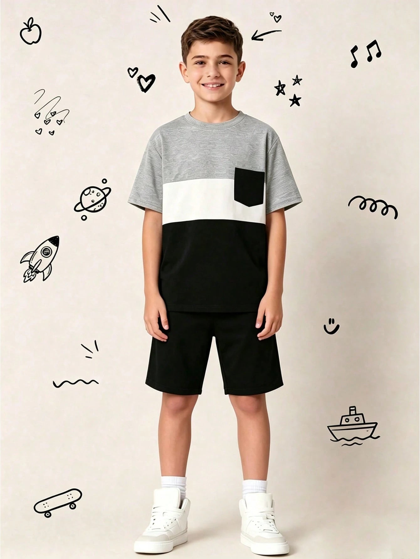 2pcs Big Boys Colourblock Pocket Tee & Shorts Set - Slate | 21 Cent...