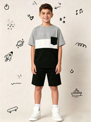 2pcs Big Boys Colourblock Pocket Tee & Shorts Set - Slate | 21 Cent...