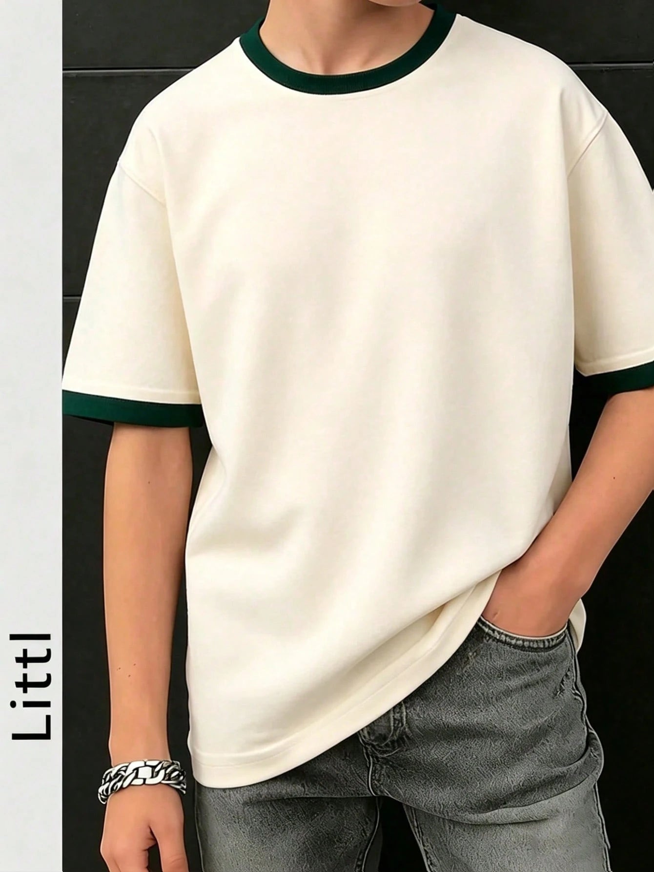 Big Boys Contrast Ringer Drop Shoulder Tee - Ecru | 21 Century Kids