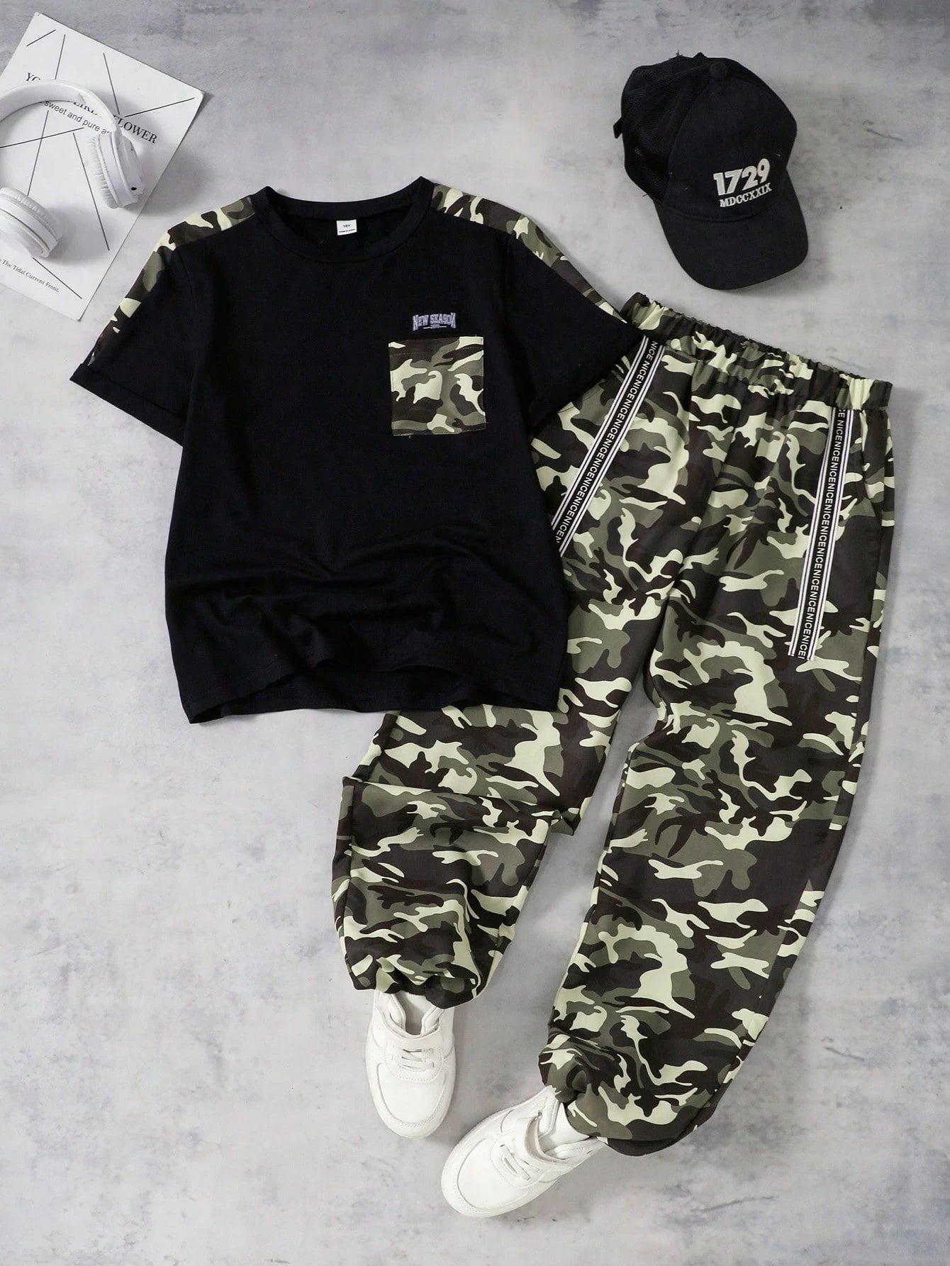 2pcs Boys Camo Contrast Panel Tee & Cargo Jogger Set - Onyx | 21 Ce...