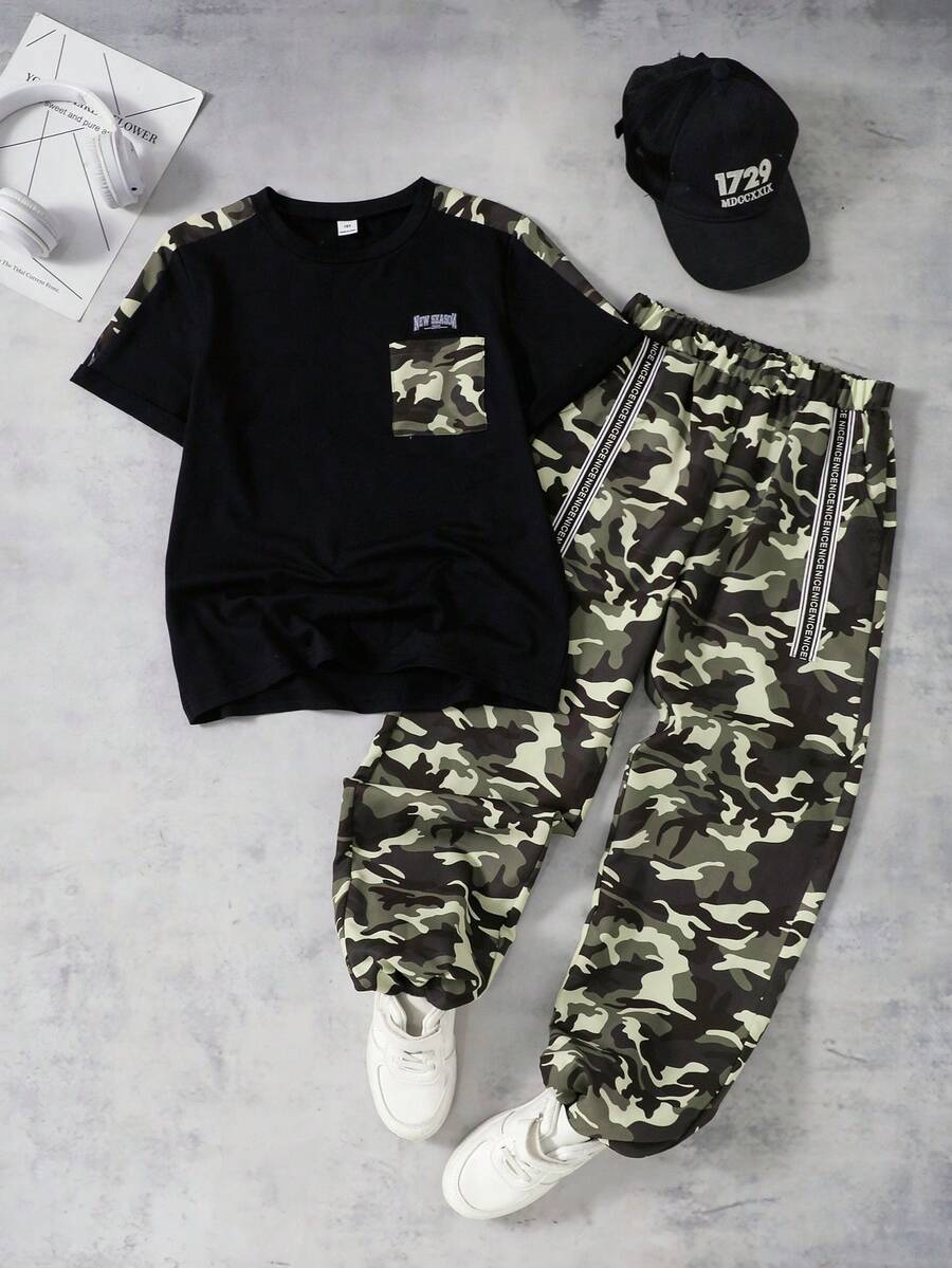 2pcs Boys Camo Contrast Panel Tee & Cargo Jogger Set - Onyx | 21 Ce...