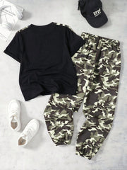 2pcs Boys Camo Contrast Panel Tee & Cargo Jogger Set - Onyx | 21 Ce...