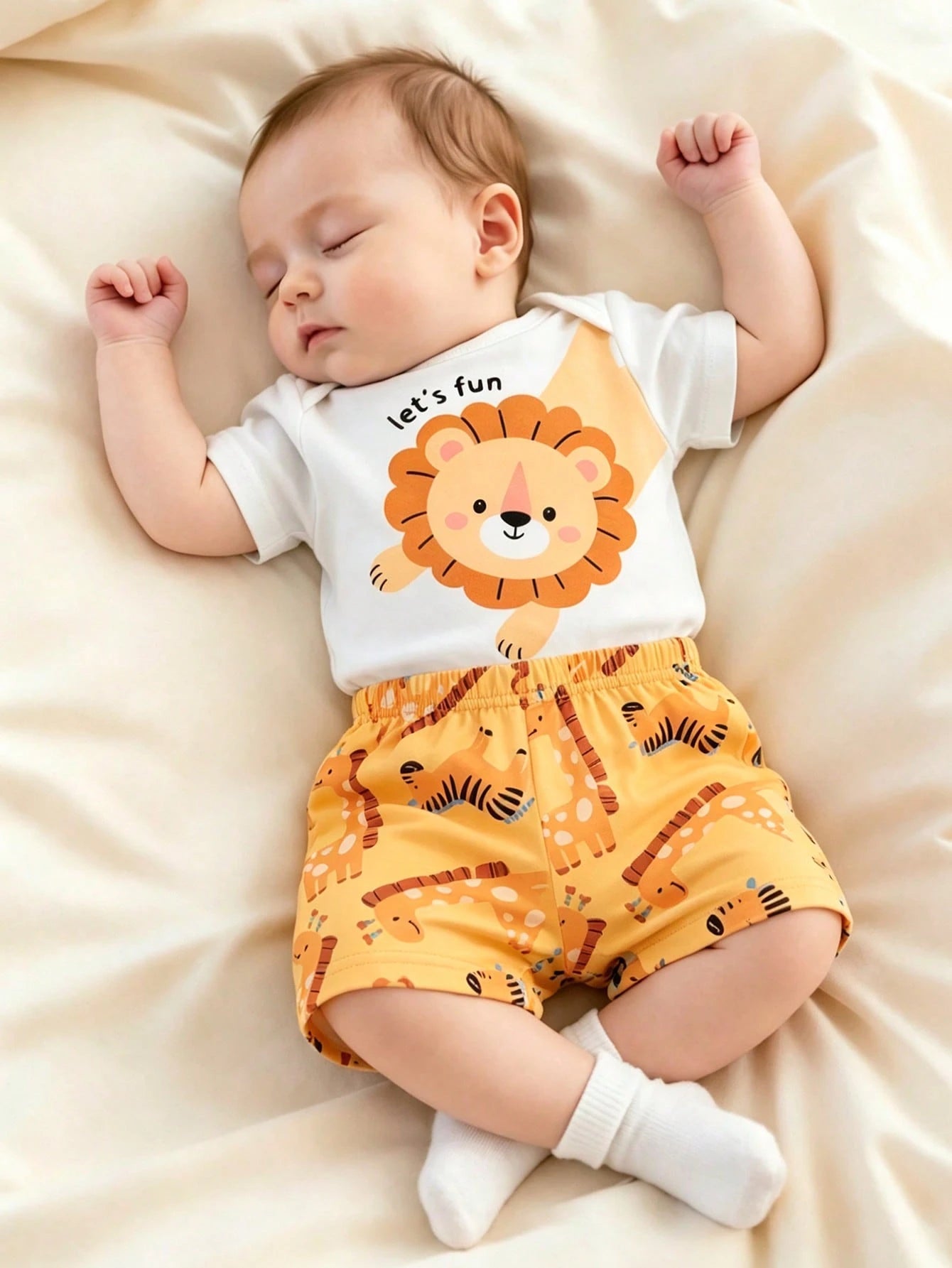 2pcs Baby Boys Lion Print Bodysuit & Shorts Set - Ochre | 21 Centur...
