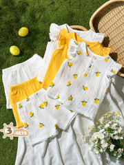 6pcs Girls Lemon Print Flutter Sleeve Top & Shorts Set - Ivory | 21...