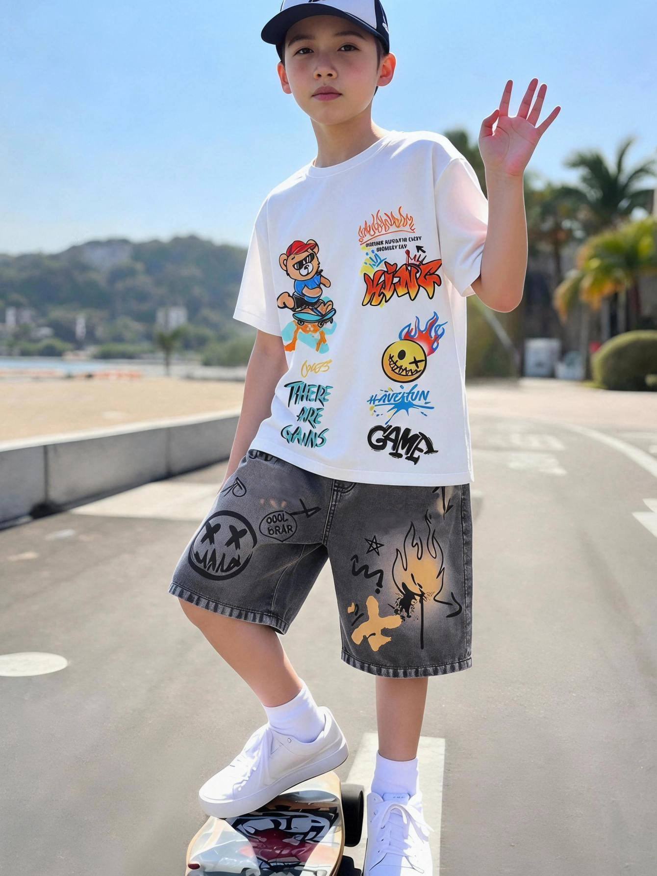 2pcs Big Boys Graffiti Bear Graphic Tee & Denim Shorts Set - Ivory ...