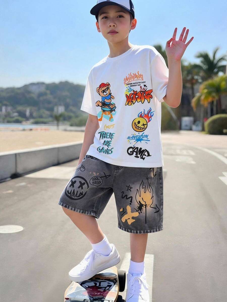 2pcs Big Boys Graffiti Bear Graphic Tee & Denim Shorts Set - Ivory ...