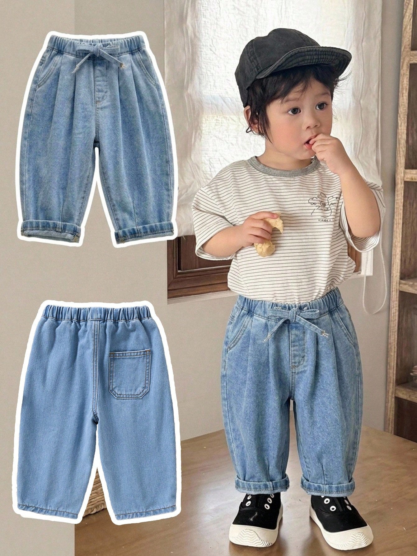 Boys Pleated Barrel-Leg Drawstring Denim Jeans - Chambray | 21 Cent...