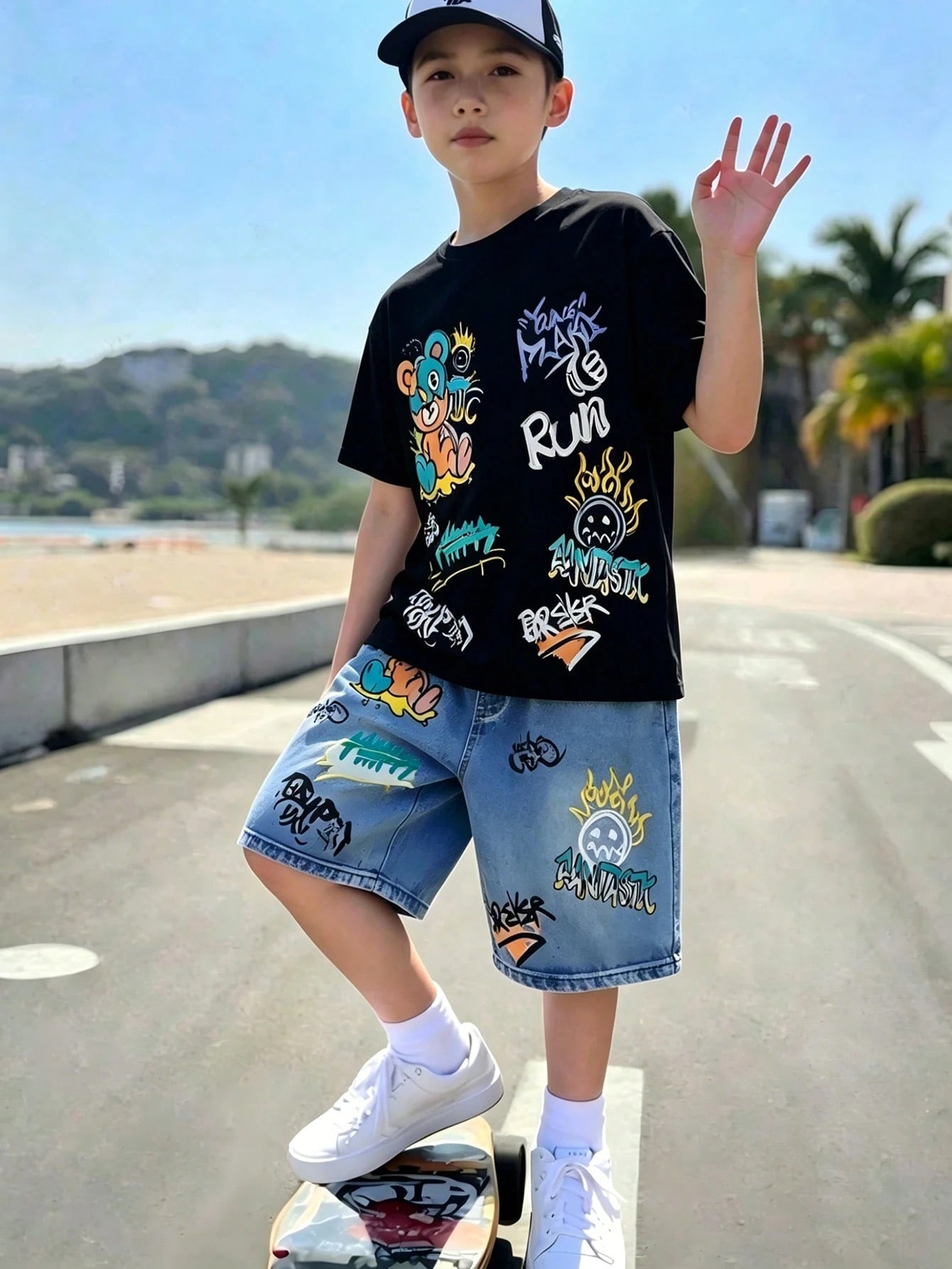 2pcs Boys Graffiti Bear Graphic Tee & Denim Shorts Set - Onyx | 21 ...