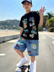 2pcs Boys Graffiti Bear Graphic Tee & Denim Shorts Set - Onyx | 21 ...