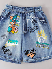 2pcs Boys Graffiti Bear Graphic Tee & Denim Shorts Set - Onyx | 21 ...