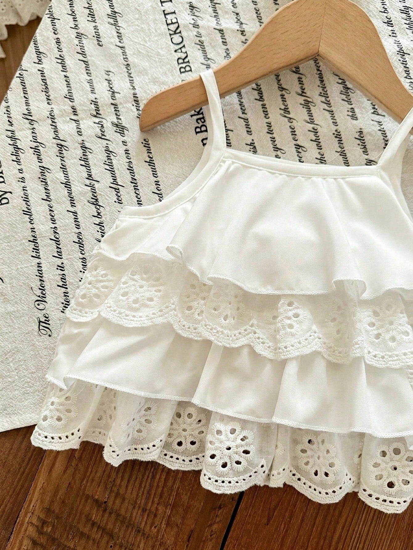 2pcs Girls Tiered Eyelet Lace Camisole & Stripe Shorts Set - Ivory ...