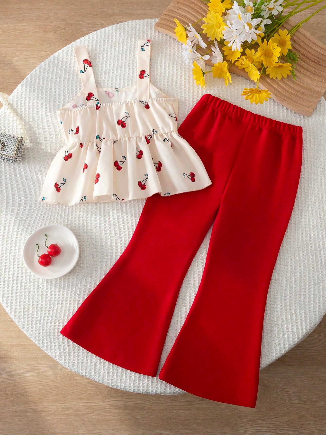 2pcs Little Girls Cherry Print Bow Peplum Top & Flare Pants Set - I...
