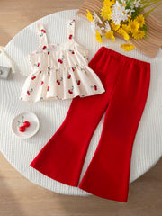 2pcs Little Girls Cherry Print Bow Peplum Top & Flare Pants Set - I...