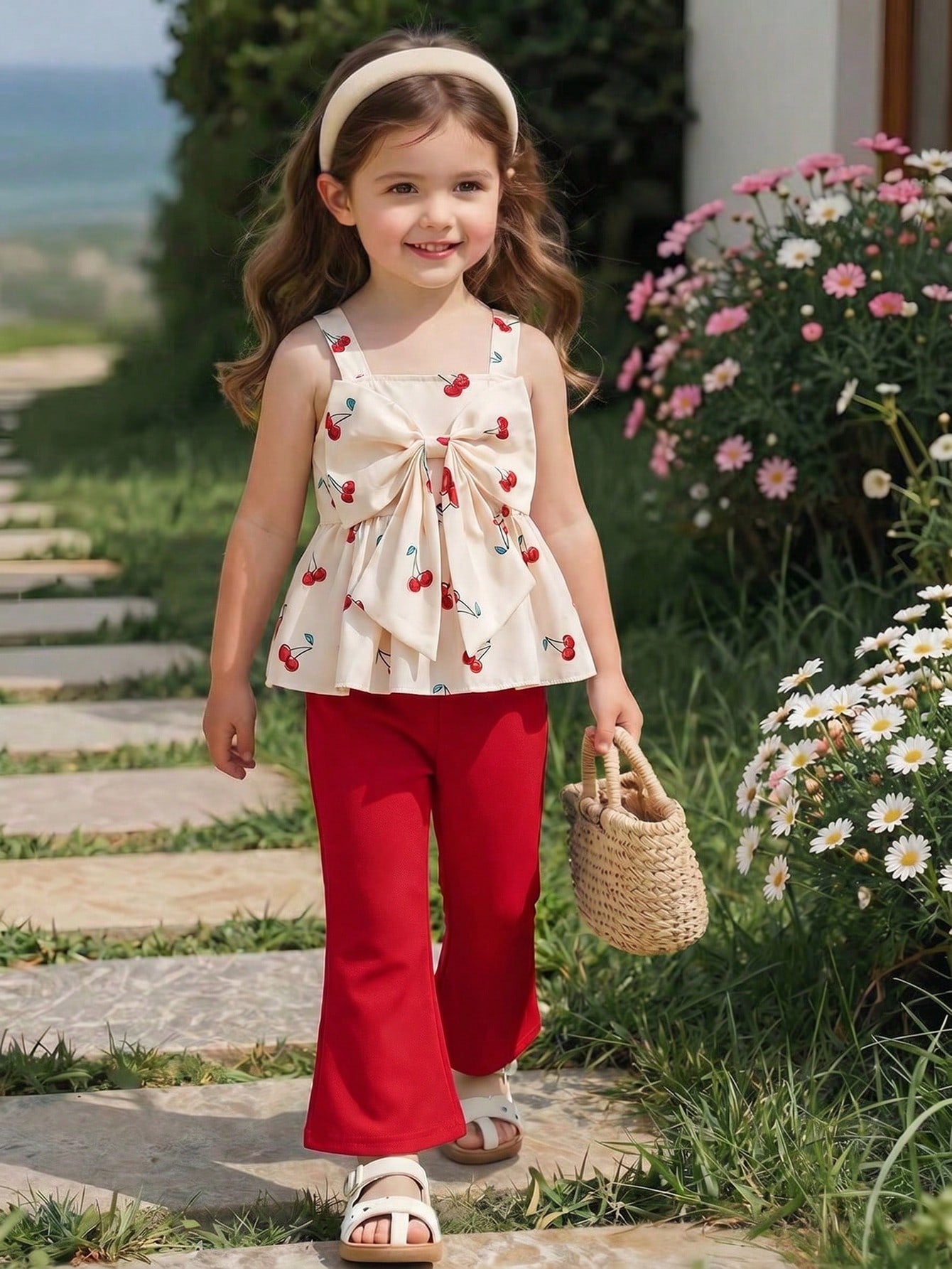2pcs Little Girls Cherry Print Bow Peplum Top & Flare Pants Set - I...