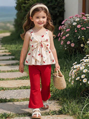 2pcs Little Girls Cherry Print Bow Peplum Top & Flare Pants Set - I...