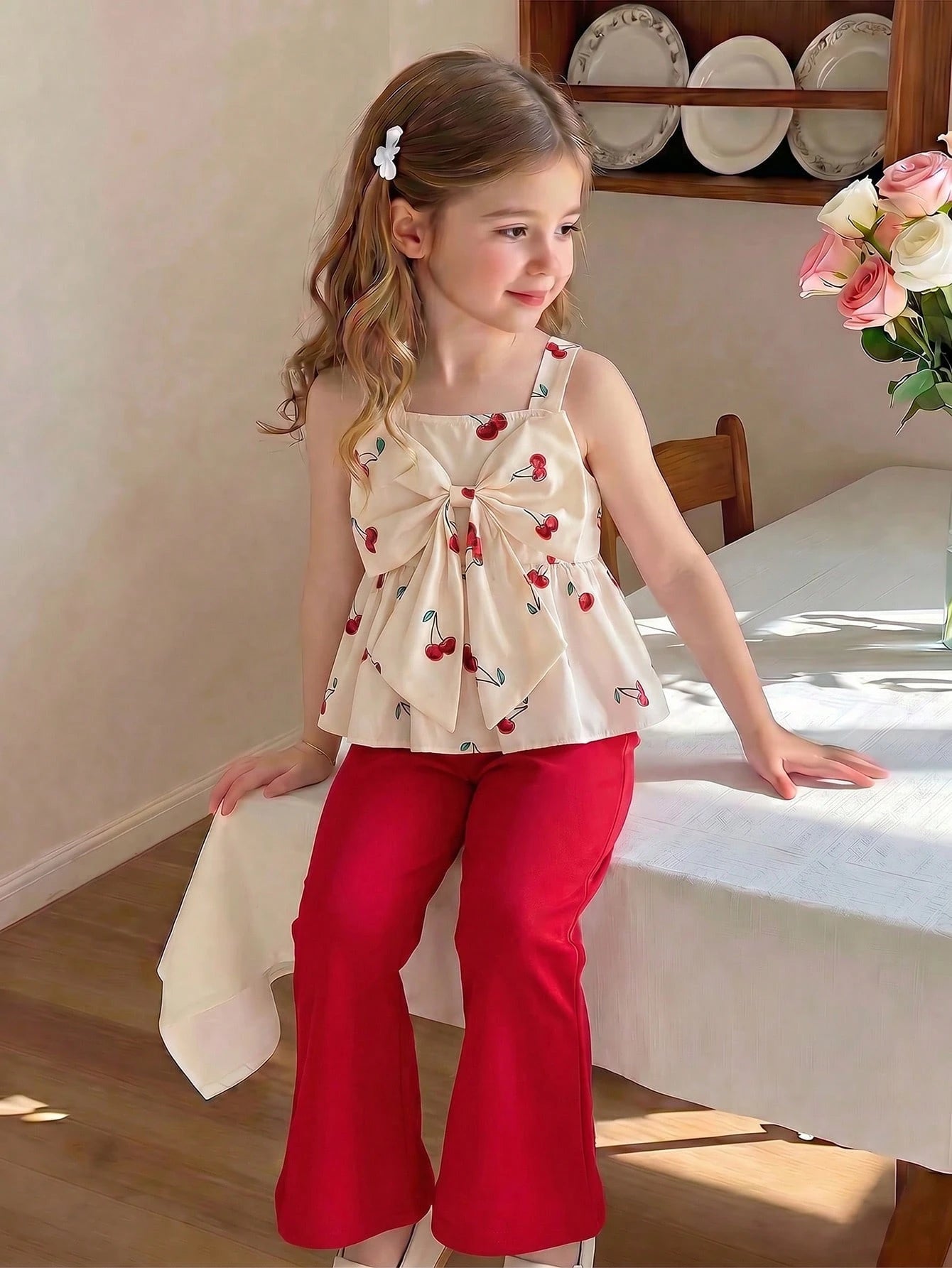 2pcs Little Girls Cherry Print Bow Peplum Top & Flare Pants Set - I...