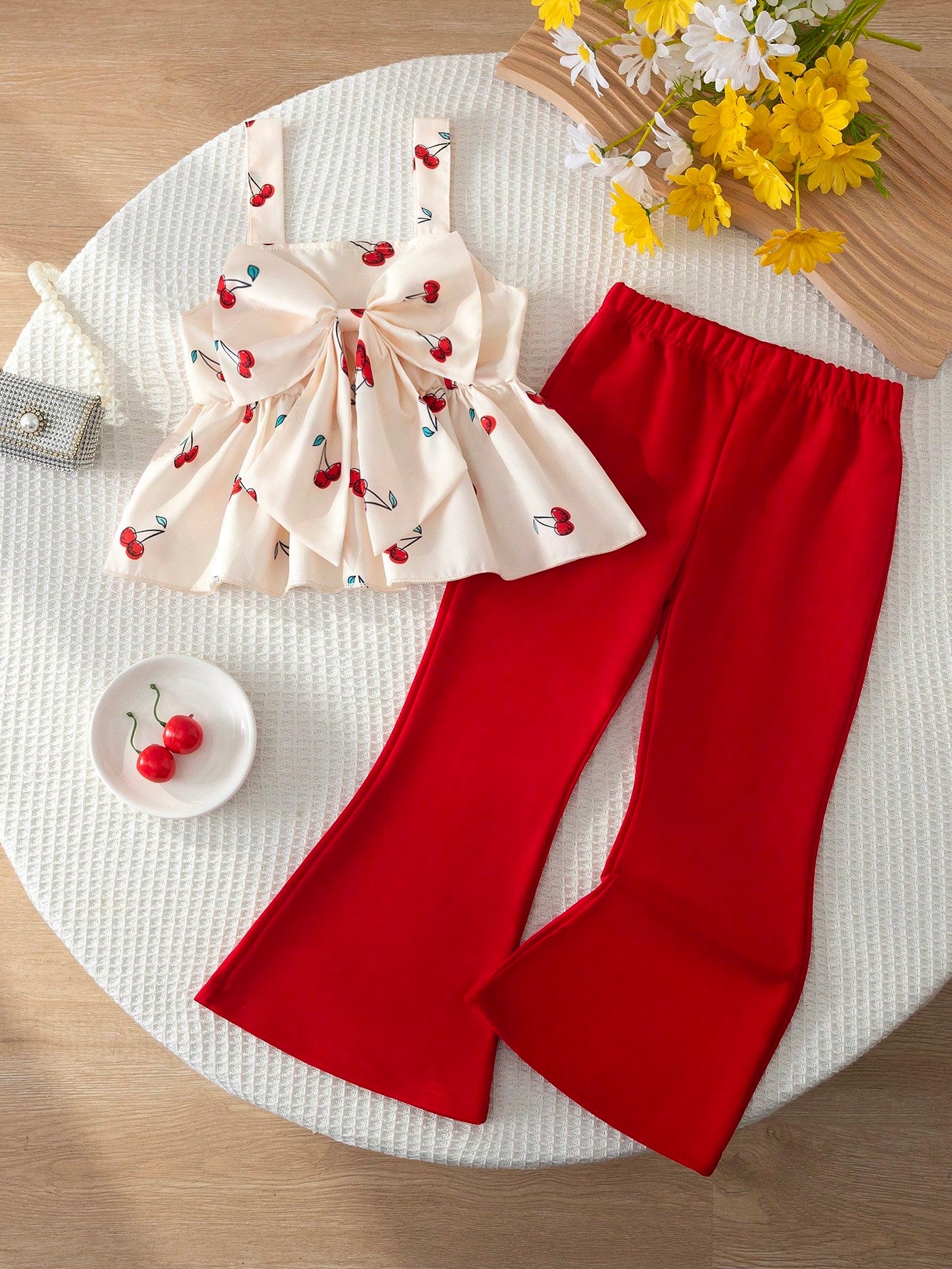 2pcs Little Girls Cherry Print Bow Peplum Top & Flare Pants Set - I...