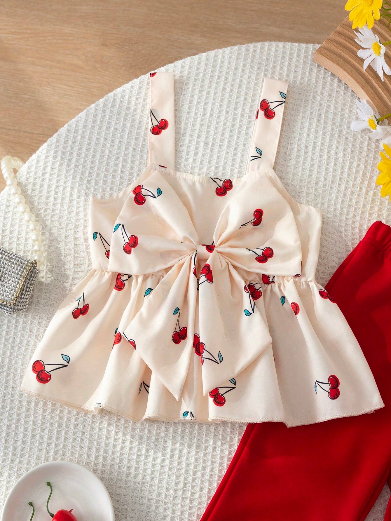 2pcs Little Girls Cherry Print Bow Peplum Top & Flare Pants Set - I...