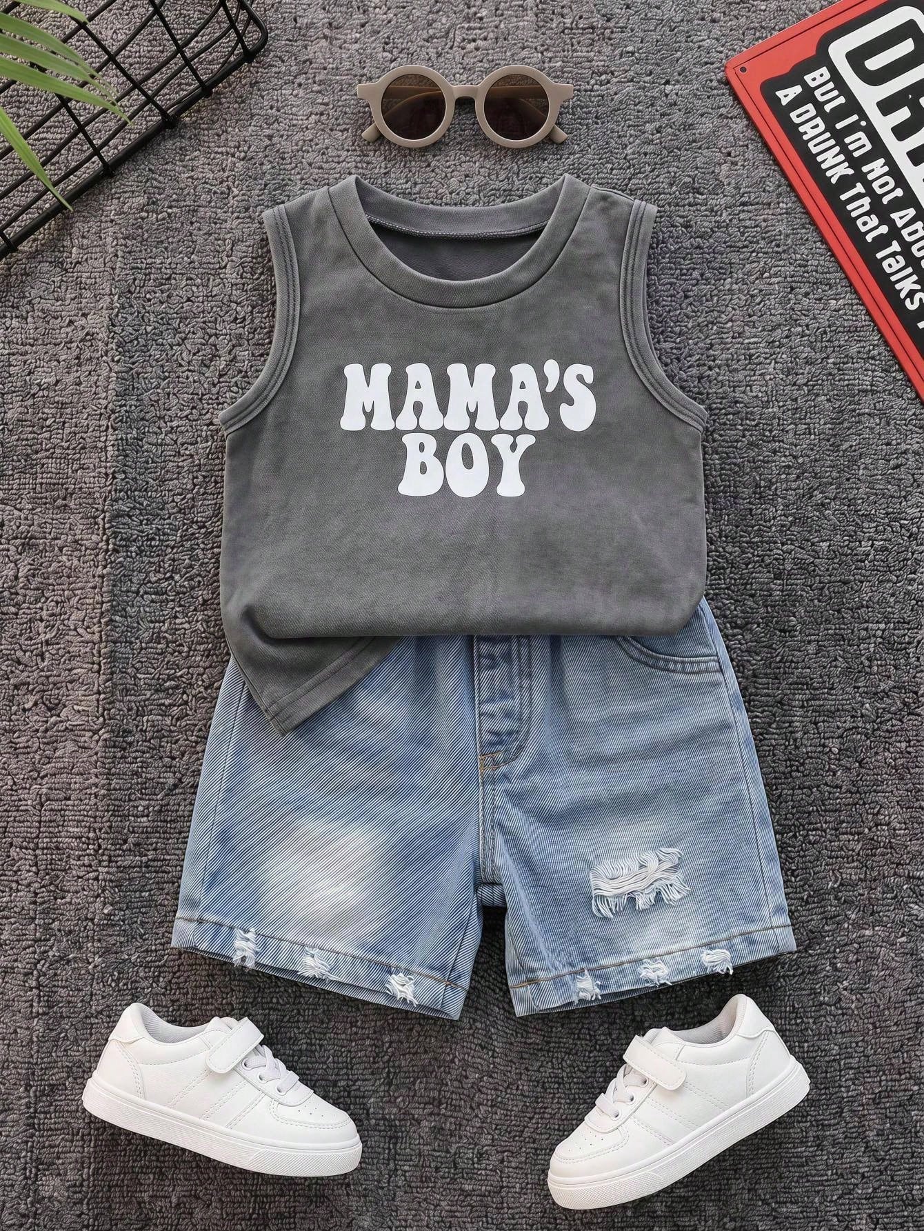 2pcs Boys Mama's Boy Tank Top & Distressed Denim Shorts - Slate | 2...