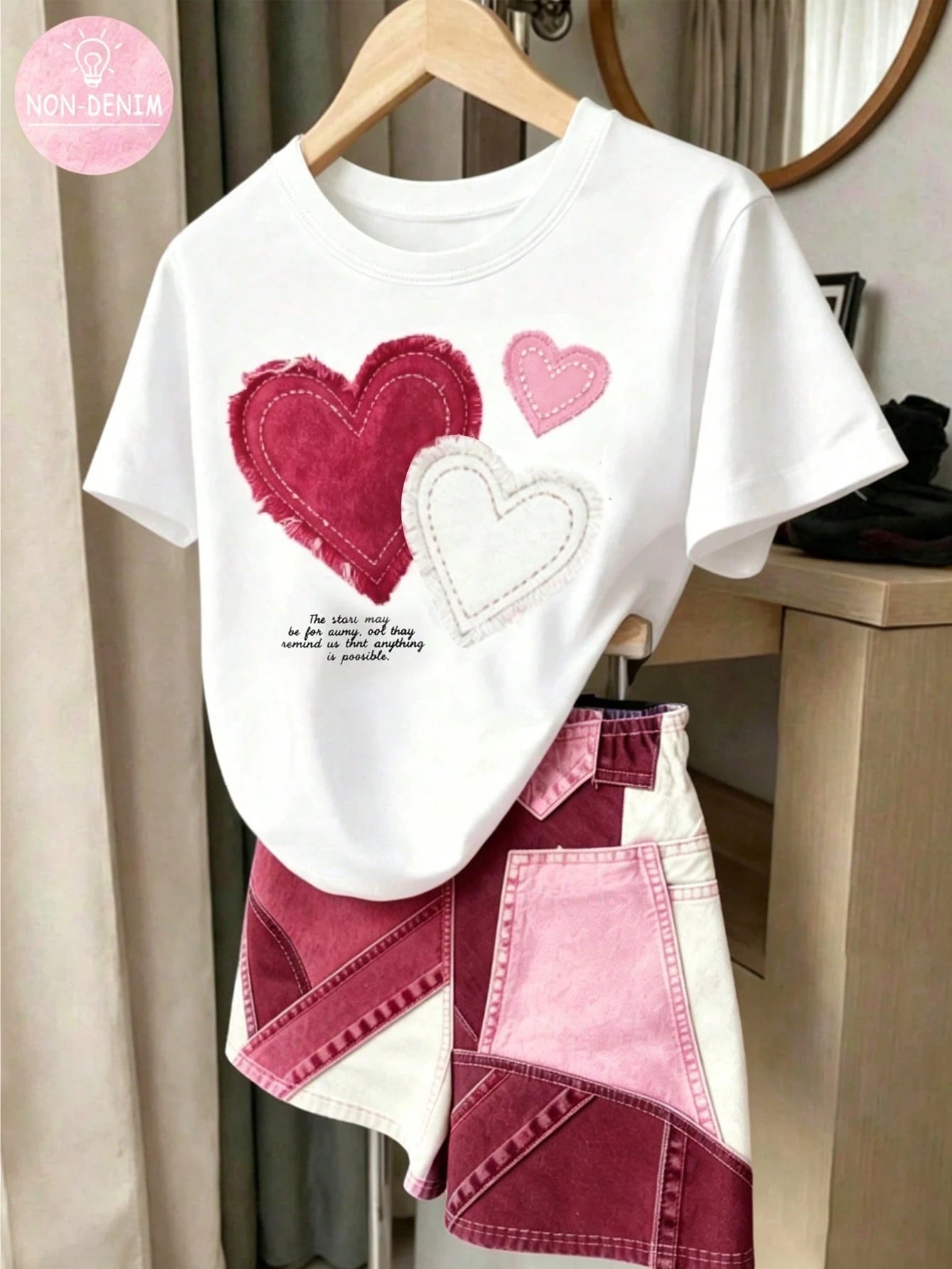 2pcs Little Girls Heart Appliqué Tee & Denim Shorts Set - Ivory | 2...