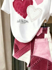 2pcs Little Girls Heart Appliqué Tee & Denim Shorts Set - Ivory | 2...