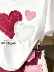 2pcs Little Girls Heart Appliqué Tee & Denim Shorts Set - Ivory | 2...