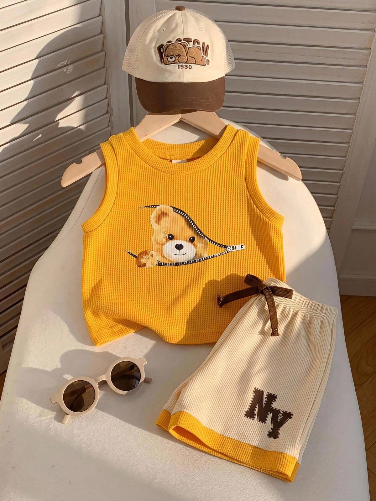 2pcs Boys Bear Graphic Waffle Tank Top & Shorts Set - Saffron | 21 ...