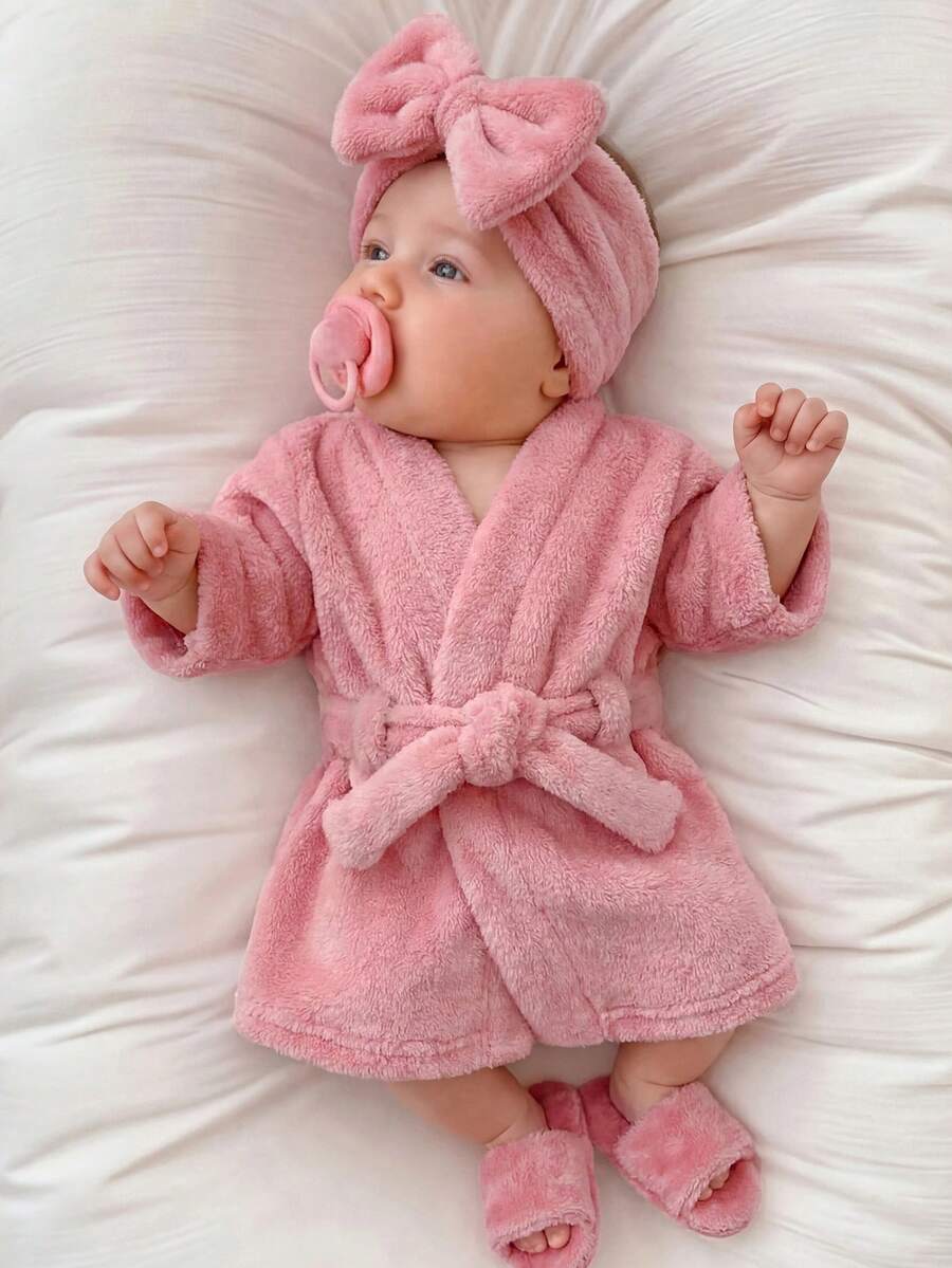 3pcs Baby Girls Fleece Spa Robe, Headband & Slippers Set - Dusty Ro...