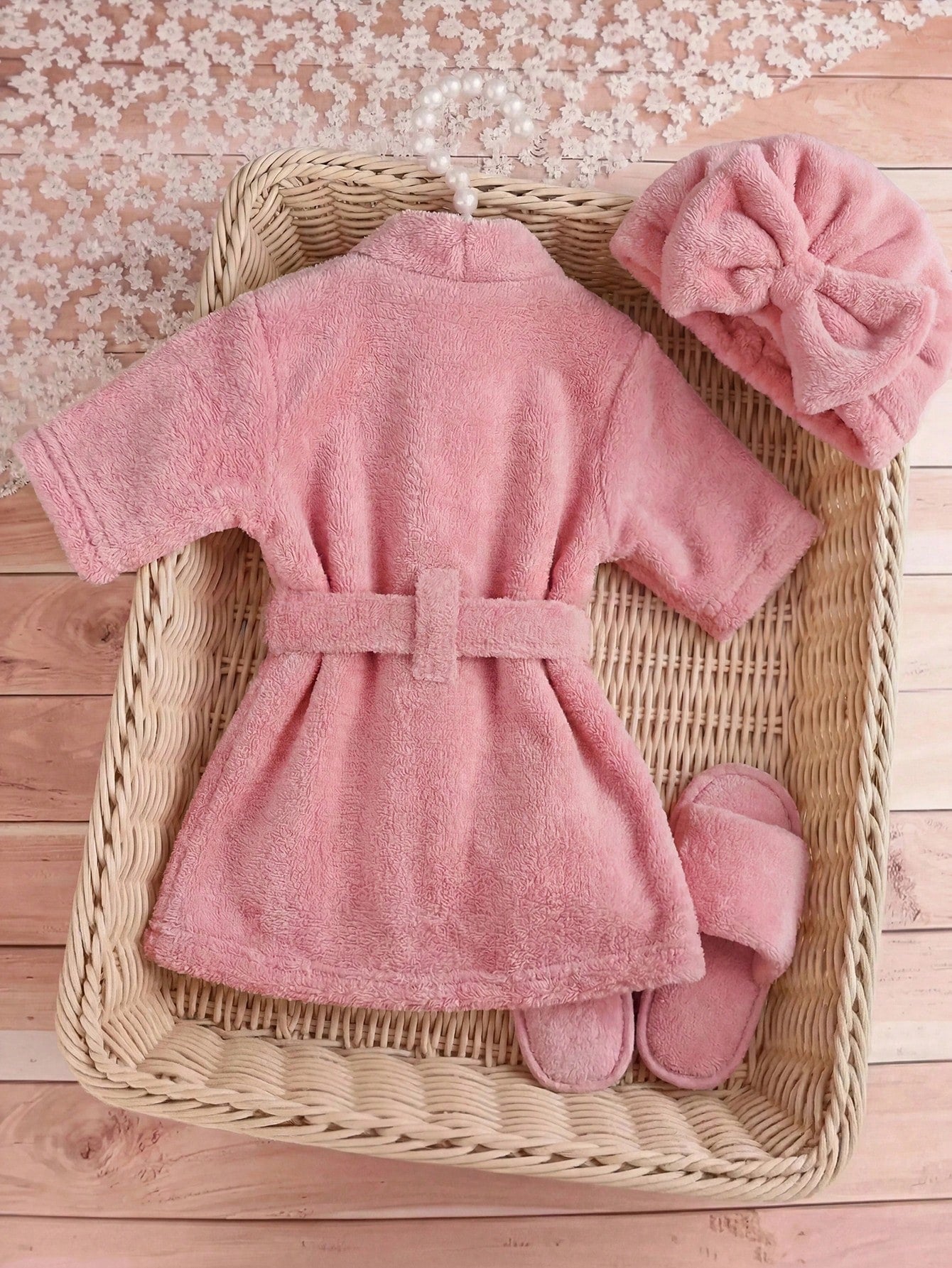 3pcs Baby Girls Fleece Spa Robe, Headband & Slippers Set - Dusty Ro...